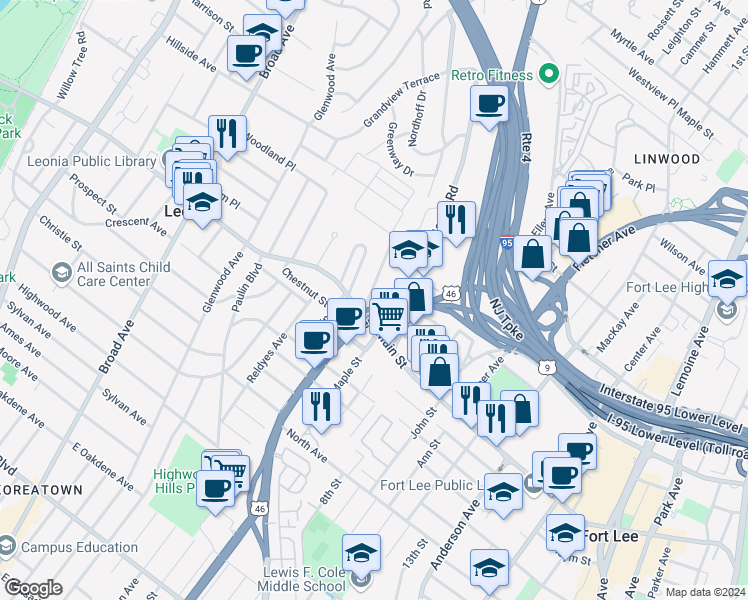 map of restaurants, bars, coffee shops, grocery stores, and more near 1 Caspers Lane in Fort Lee
