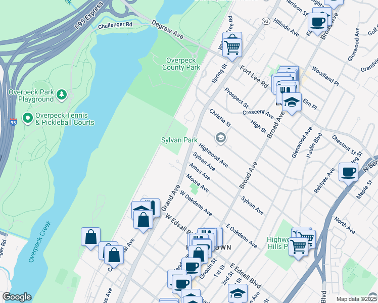 map of restaurants, bars, coffee shops, grocery stores, and more near 166 Grand Avenue in Leonia