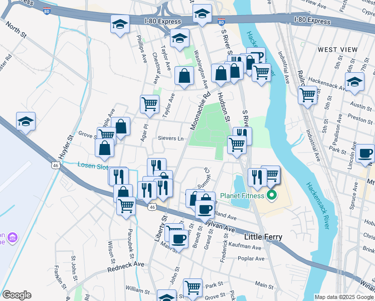 map of restaurants, bars, coffee shops, grocery stores, and more near 462 Liberty Street in Little Ferry