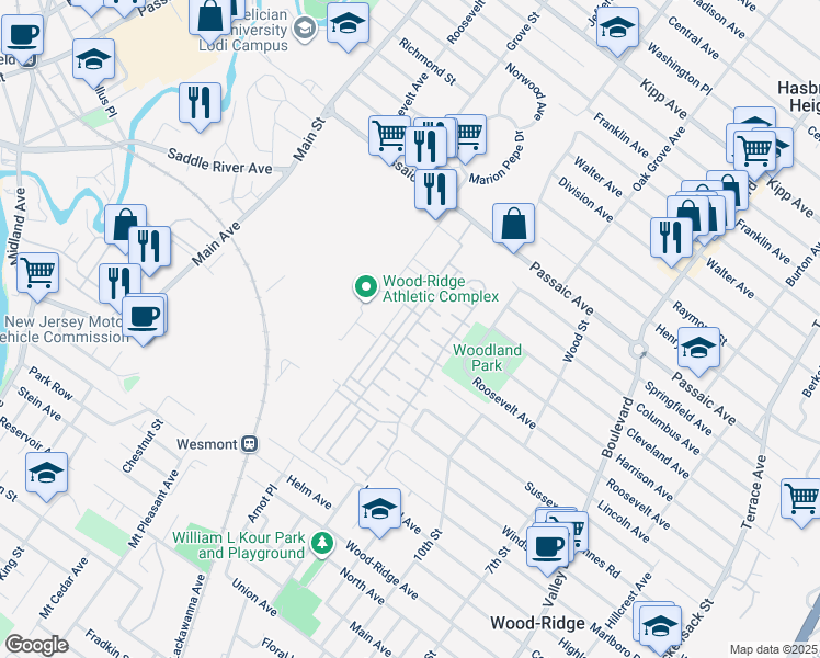 map of restaurants, bars, coffee shops, grocery stores, and more near 54 Wesmont Drive in Wood-Ridge