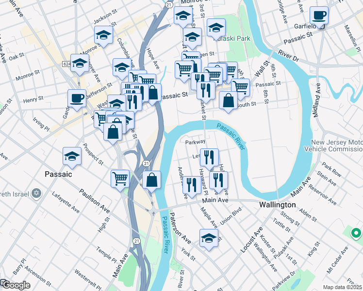 map of restaurants, bars, coffee shops, grocery stores, and more near 12 Maple Avenue in Wallington