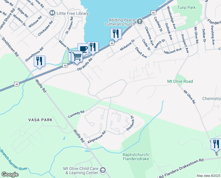 map of restaurants, bars, coffee shops, grocery stores, and more near 16 Cassedy Road in Mount Olive Township