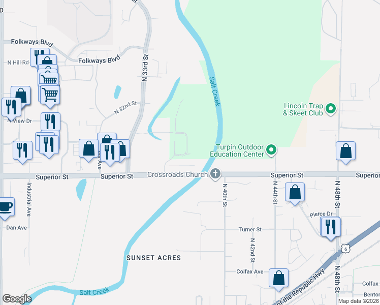 map of restaurants, bars, coffee shops, grocery stores, and more near 4728 North 36th Street in Lincoln