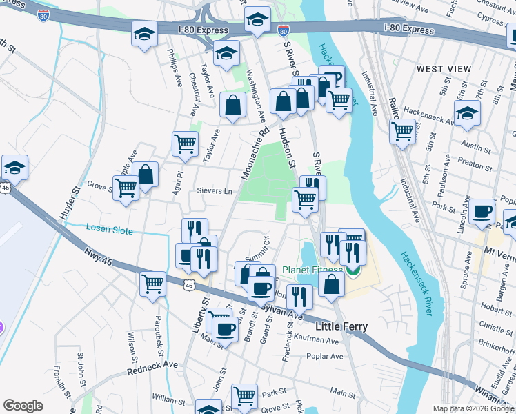 map of restaurants, bars, coffee shops, grocery stores, and more near 466A Liberty Street in Little Ferry