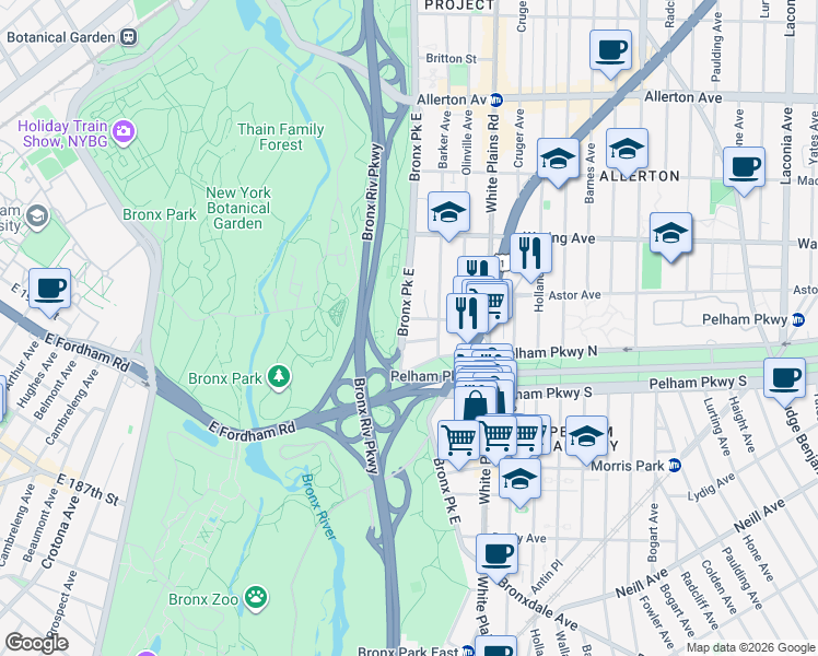 map of restaurants, bars, coffee shops, grocery stores, and more near 2244 Bronx Park East in The Bronx