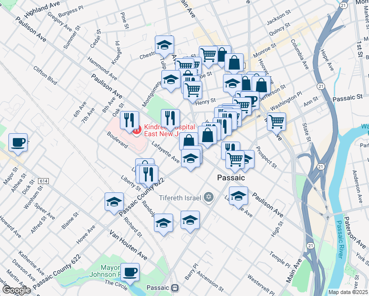 map of restaurants, bars, coffee shops, grocery stores, and more near 309 Paulison Avenue in Passaic