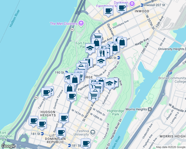 map of restaurants, bars, coffee shops, grocery stores, and more near 64 Hillside Avenue in New York