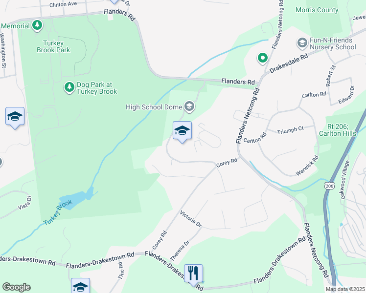 map of restaurants, bars, coffee shops, grocery stores, and more near 18 Corey Road in Mount Olive Township