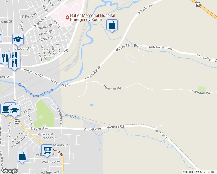 map of restaurants, bars, coffee shops, grocery stores, and more near 131 Portman Road in Butler
