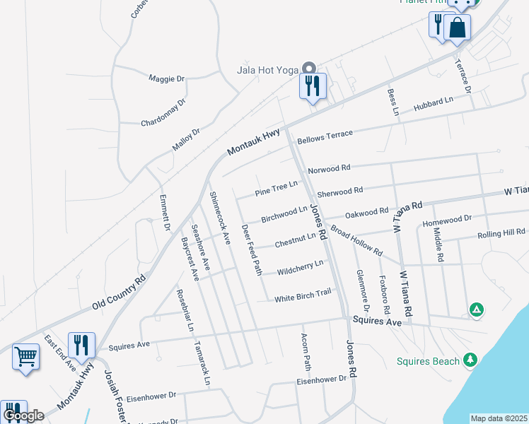 map of restaurants, bars, coffee shops, grocery stores, and more near 14 Birchwood Lane in East Quogue