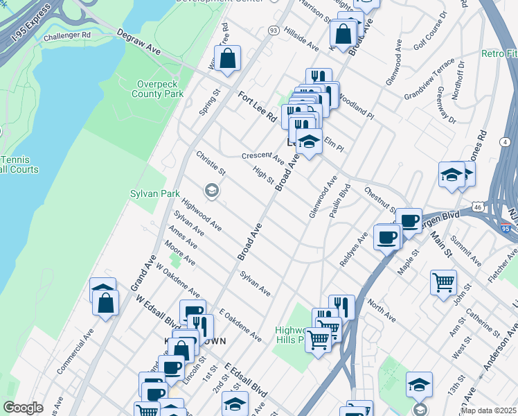 map of restaurants, bars, coffee shops, grocery stores, and more near 222 Christie Street in Leonia