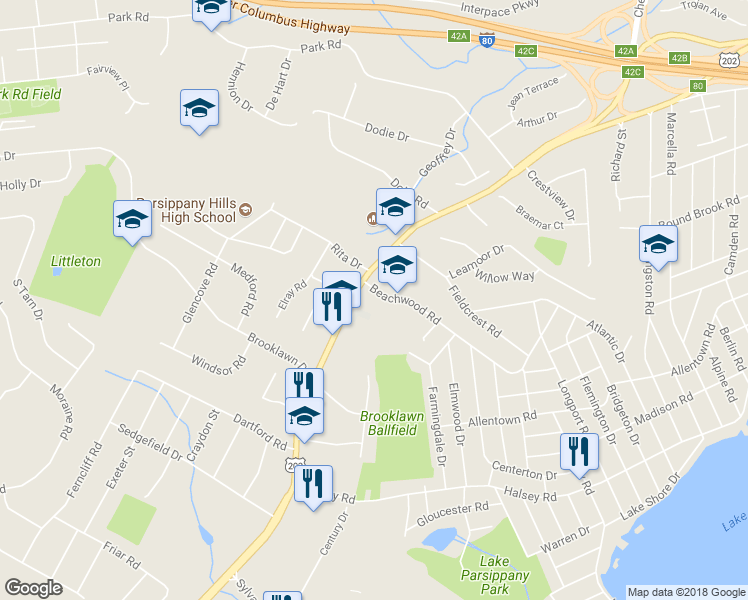 map of restaurants, bars, coffee shops, grocery stores, and more near 280 Beachwood Road in Parsippany-Troy Hills