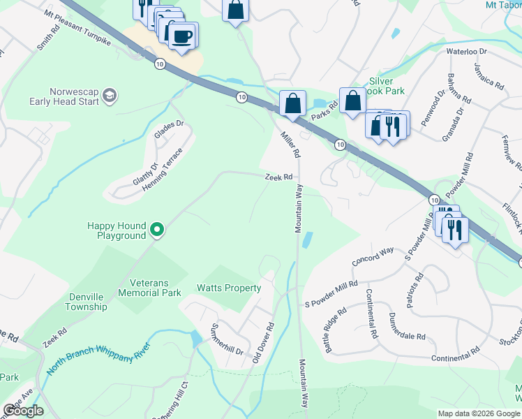 map of restaurants, bars, coffee shops, grocery stores, and more near 6 Rocky Heights Road in Morris Plains