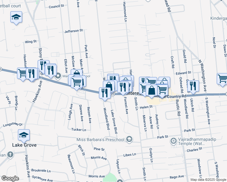 map of restaurants, bars, coffee shops, grocery stores, and more near 2545 Middle Country Road in Centereach