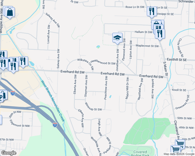 map of restaurants, bars, coffee shops, grocery stores, and more near 506 Everhard Road Southwest in Canton