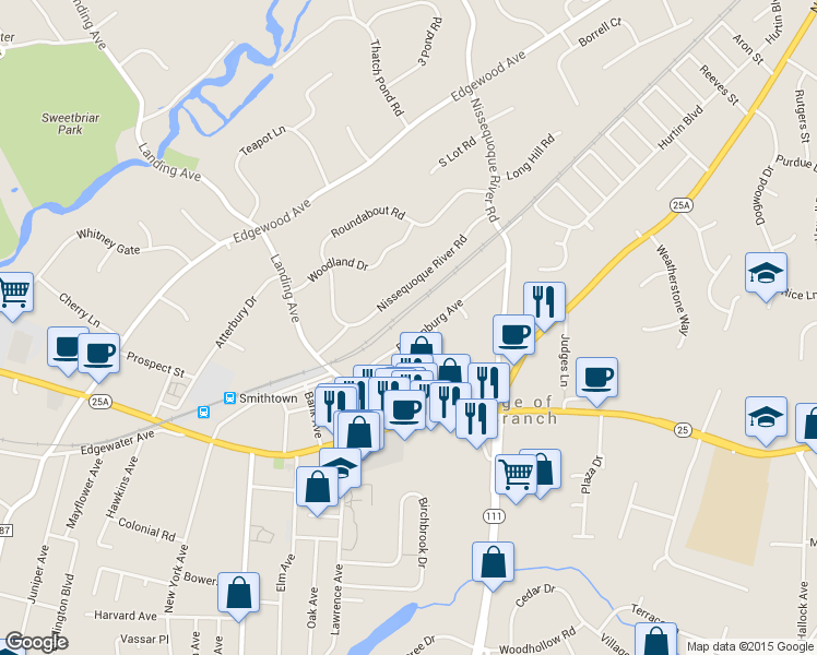 map of restaurants, bars, coffee shops, grocery stores, and more near 57 Blydenburg Avenue in Smithtown