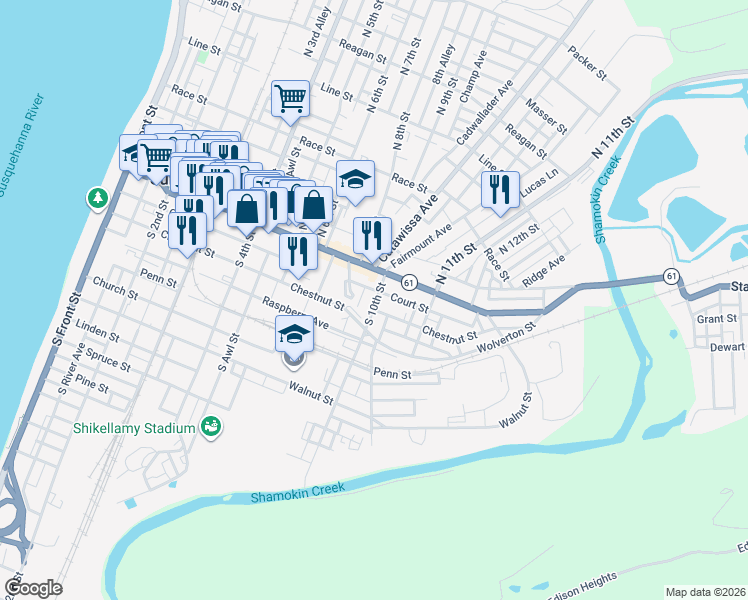 map of restaurants, bars, coffee shops, grocery stores, and more near 55 South 10th Street in Sunbury