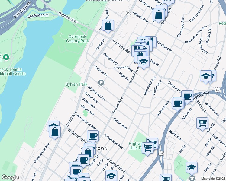 map of restaurants, bars, coffee shops, grocery stores, and more near 189 Park Ave in Leonia