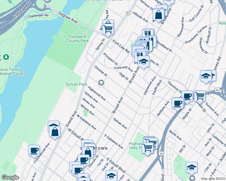 map of restaurants, bars, coffee shops, grocery stores, and more near 189 Park Avenue in Leonia
