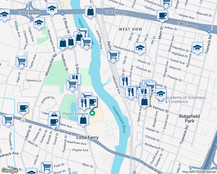map of restaurants, bars, coffee shops, grocery stores, and more near 16 Industrial Avenue in Ridgefield Park