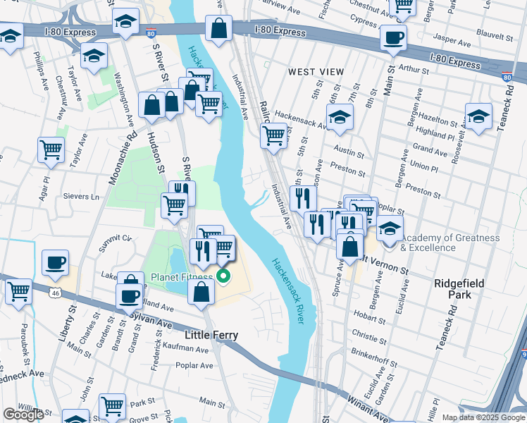 map of restaurants, bars, coffee shops, grocery stores, and more near 16 Industrial Avenue in Ridgefield Park