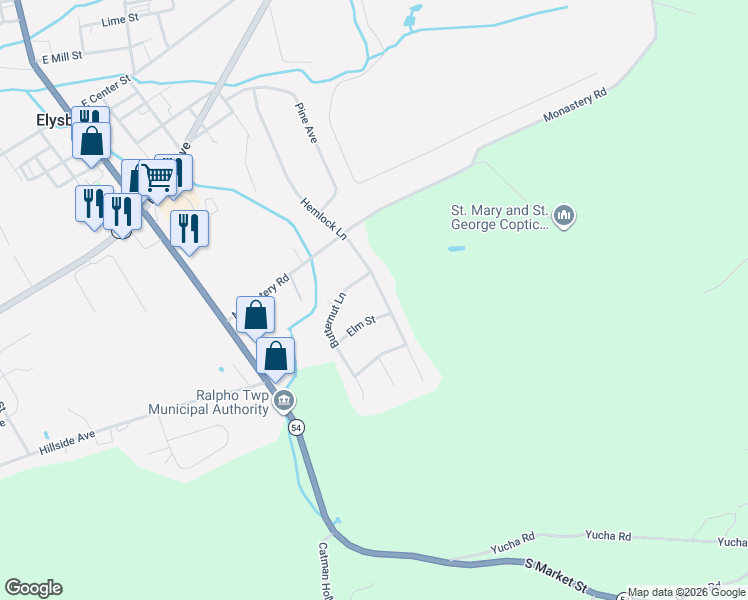 map of restaurants, bars, coffee shops, grocery stores, and more near 100-132 Hemlock Ln in Elysburg