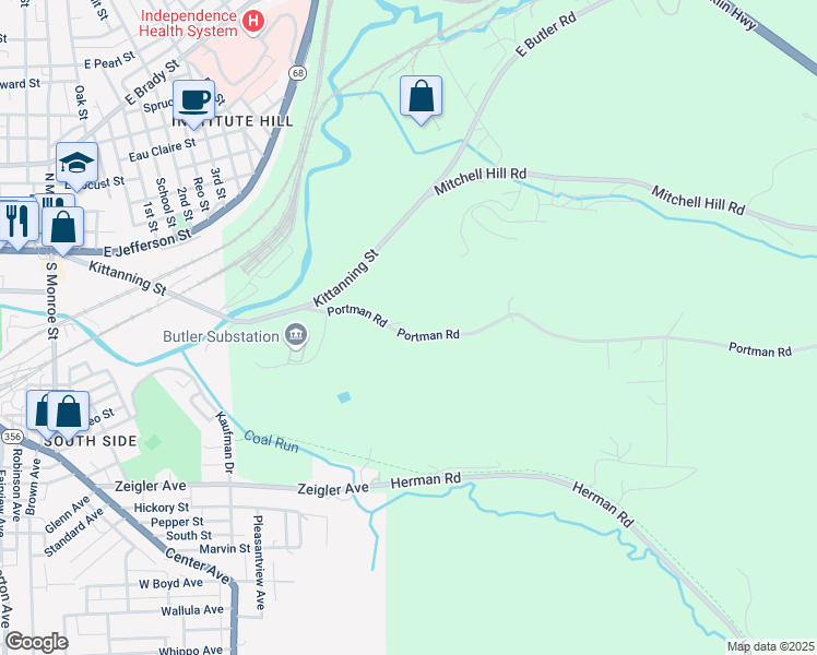 map of restaurants, bars, coffee shops, grocery stores, and more near 131 Portman Road in Butler