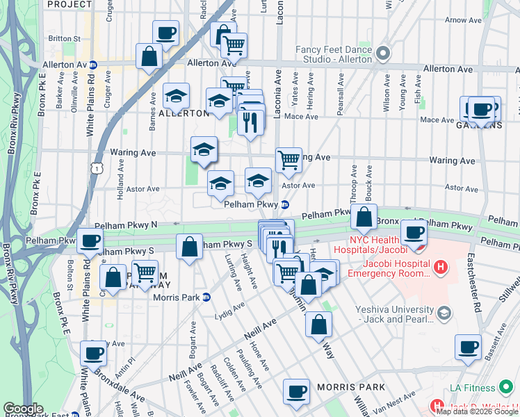 map of restaurants, bars, coffee shops, grocery stores, and more near 2237 Williamsbridge Road in Bronx