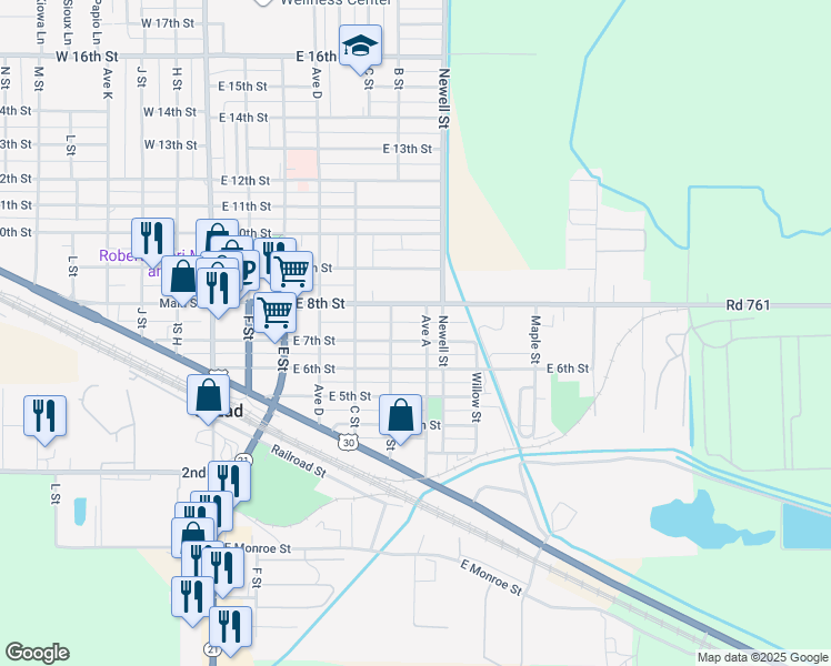 map of restaurants, bars, coffee shops, grocery stores, and more near 618 East 7th Street in Cozad