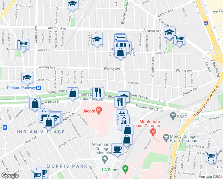 map of restaurants, bars, coffee shops, grocery stores, and more near 1435 Pelham Parkway North in Bronx