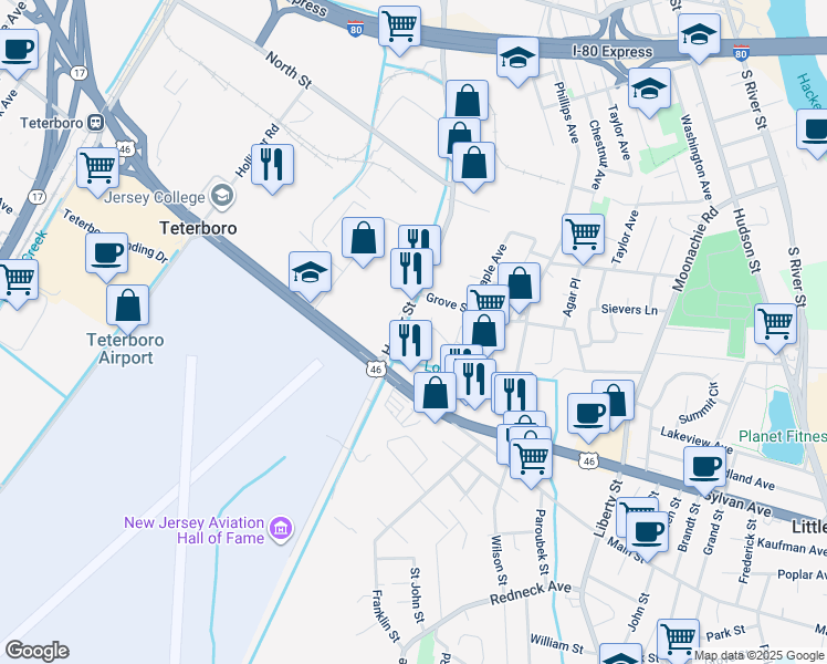 map of restaurants, bars, coffee shops, grocery stores, and more near 630 Huyler Street in South Hackensack
