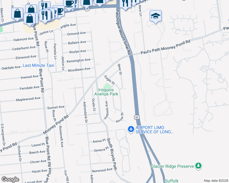 map of restaurants, bars, coffee shops, grocery stores, and more near 4 Arrow Street in Selden