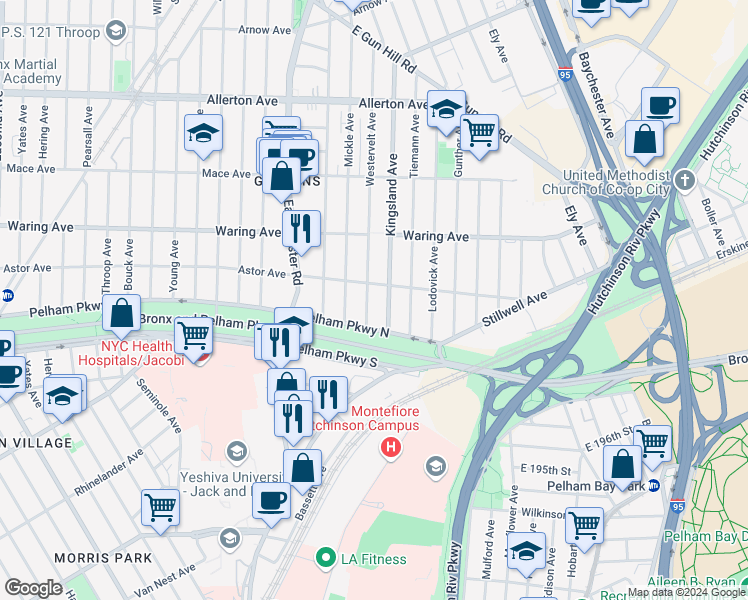 map of restaurants, bars, coffee shops, grocery stores, and more near 2226 Kingsland Avenue in Bronx