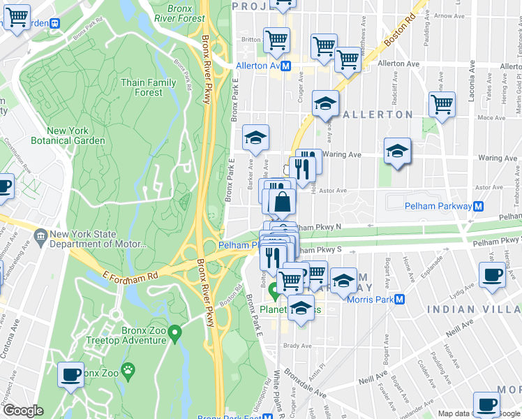 map of restaurants, bars, coffee shops, grocery stores, and more near 660 Thwaites Place in Bronx
