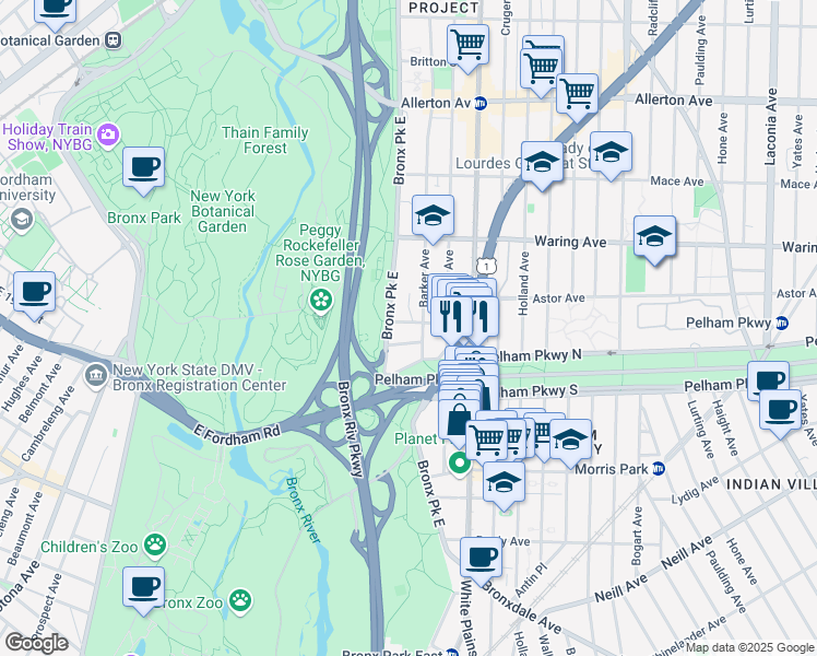 map of restaurants, bars, coffee shops, grocery stores, and more near 2244 Bronx Park East in The Bronx