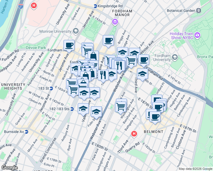 map of restaurants, bars, coffee shops, grocery stores, and more near 333 East 184th Street in The Bronx