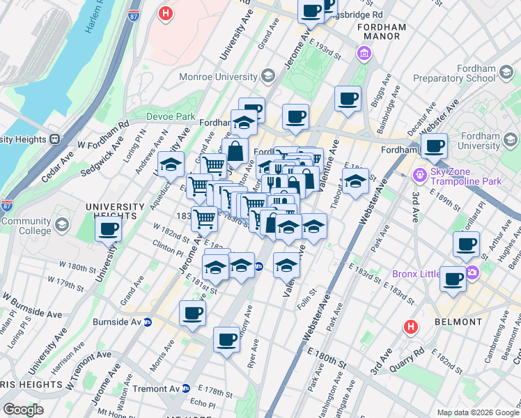 map of restaurants, bars, coffee shops, grocery stores, and more near 2316 Creston Avenue in Bronx