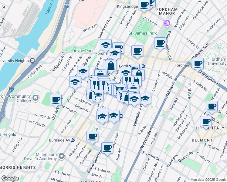 map of restaurants, bars, coffee shops, grocery stores, and more near 2301 Morris Avenue in Bronx