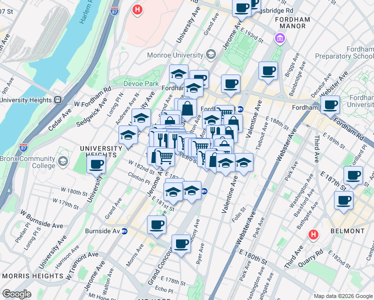 map of restaurants, bars, coffee shops, grocery stores, and more near 2301 Morris Avenue in Bronx