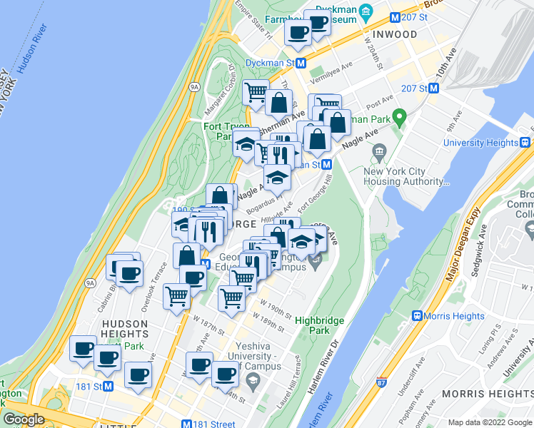 map of restaurants, bars, coffee shops, grocery stores, and more near 64 Hillside Avenue in New York