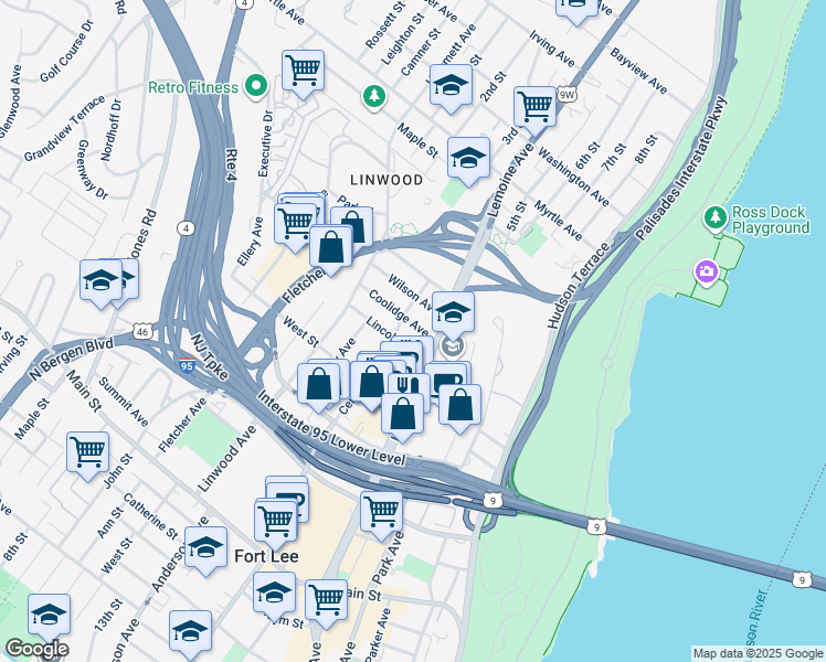 map of restaurants, bars, coffee shops, grocery stores, and more near 300 Coolidge Avenue in Fort Lee