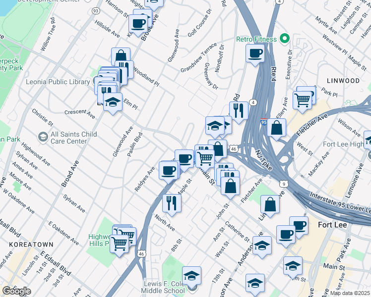 map of restaurants, bars, coffee shops, grocery stores, and more near 466 Fort Lee Road in Leonia