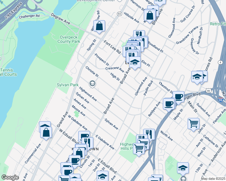 map of restaurants, bars, coffee shops, grocery stores, and more near 222 Christie Street in Leonia