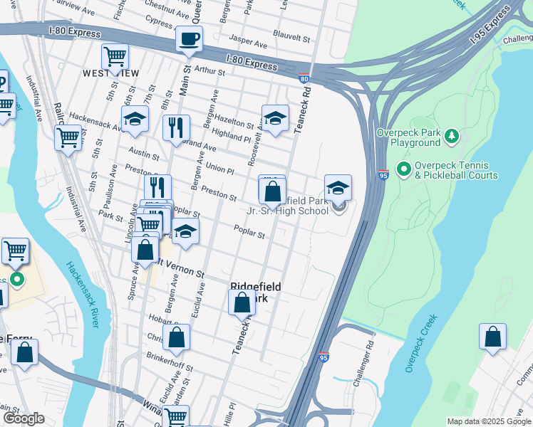 map of restaurants, bars, coffee shops, grocery stores, and more near 153 Hudson Avenue in Ridgefield Park