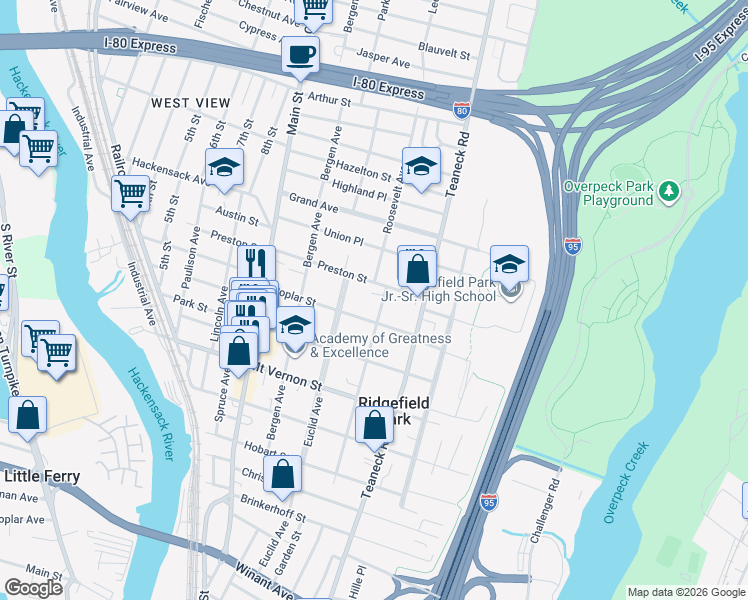 map of restaurants, bars, coffee shops, grocery stores, and more near 76 Poplar Street in Ridgefield Park