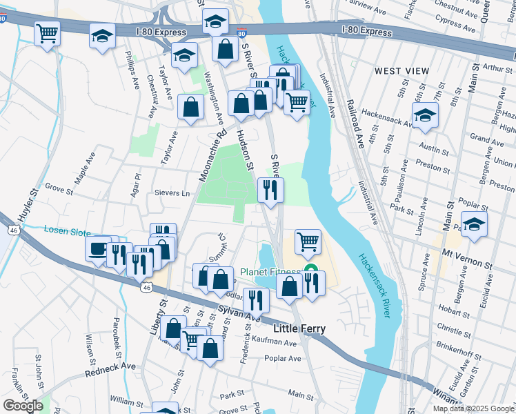 map of restaurants, bars, coffee shops, grocery stores, and more near 9 Alfred Place in Little Ferry