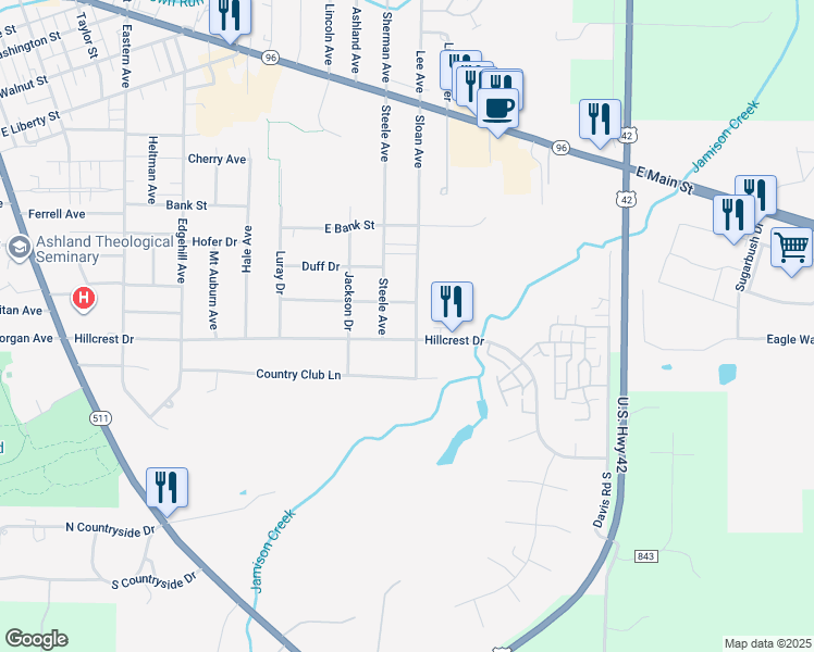 map of restaurants, bars, coffee shops, grocery stores, and more near 1110 Hillcrest Drive in Ashland