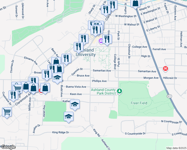 map of restaurants, bars, coffee shops, grocery stores, and more near 518 Phillips Avenue in Ashland