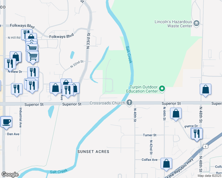 map of restaurants, bars, coffee shops, grocery stores, and more near 4728 North 36th Street in Lincoln