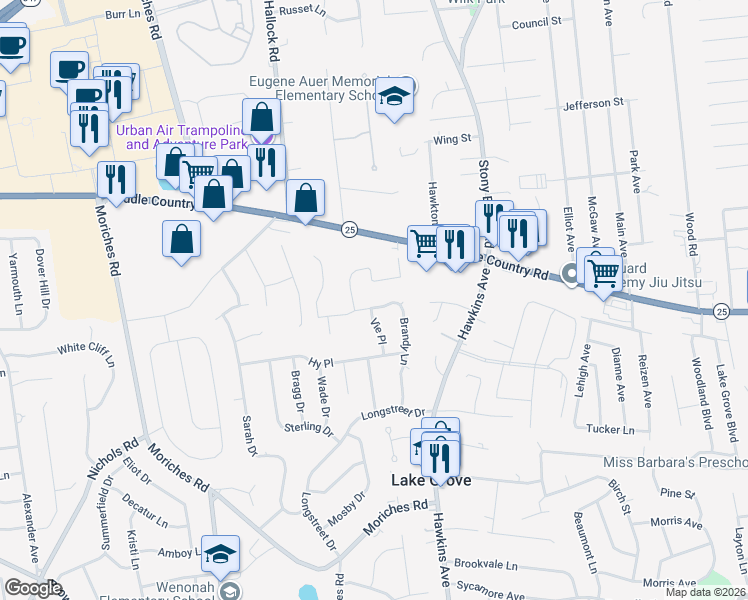 map of restaurants, bars, coffee shops, grocery stores, and more near 58 Brandy Lane in Lake Grove
